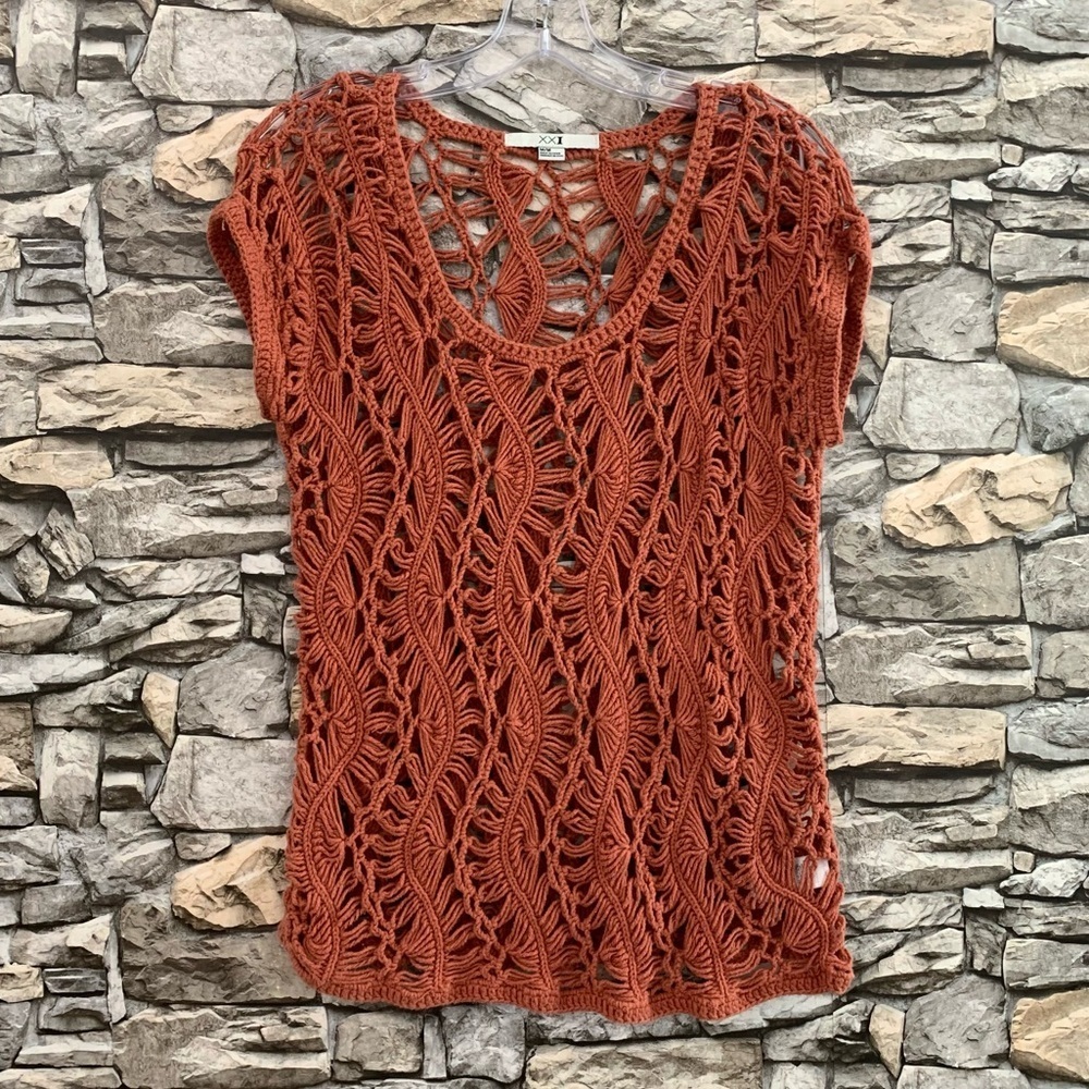 #14 Y2K Forever 21 Rust Crochet Knit Shell Cover Up Top Blouse Medium Vintage